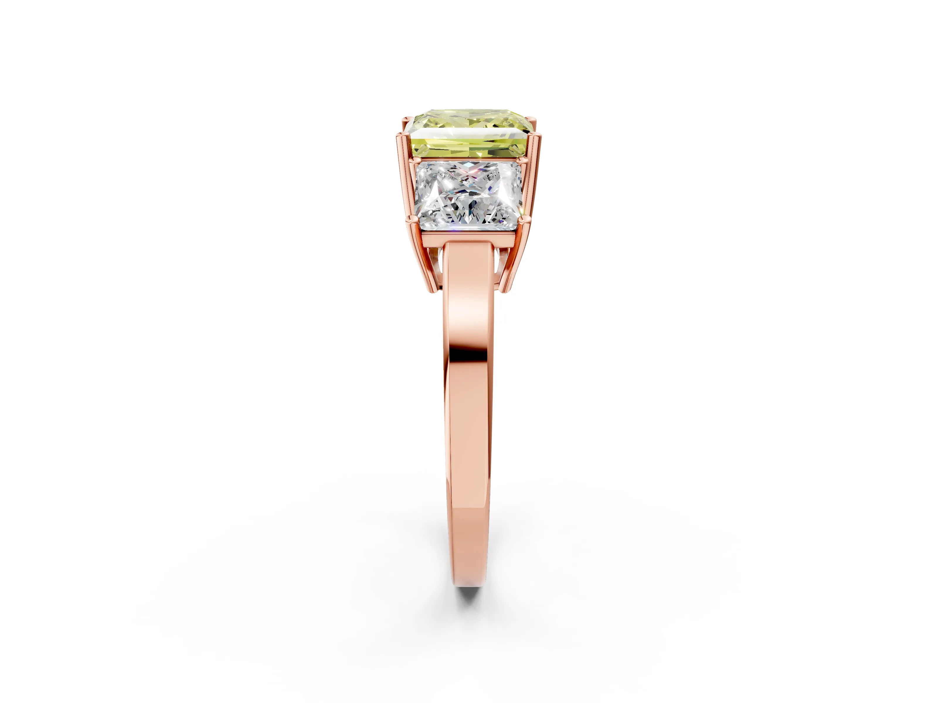 Rose gold Three-Stone Fancy Yellow Princess Cut Cut Diamond Engagement Ring with Flat Band and Four-Prong Setting_2
