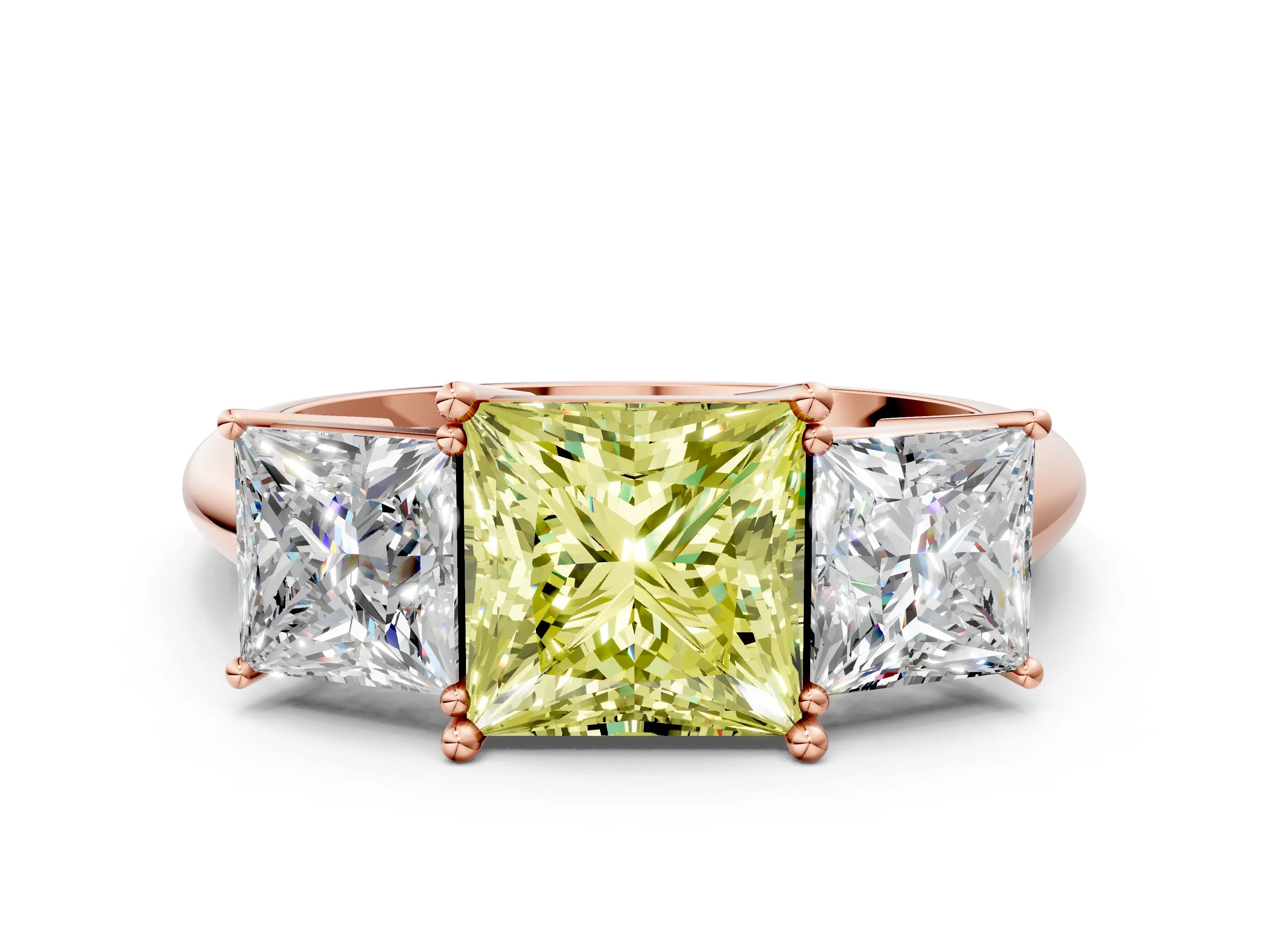 Rose gold Three-Stone Fancy Yellow Princess Cut Cut Diamond Engagement Ring with Prong Setting on a White Gold Band