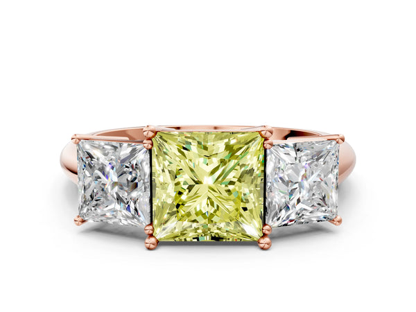 Rose gold Three-Stone Fancy Yellow Princess Cut Cut Diamond Engagement Ring with Prong Setting on a White Gold Band