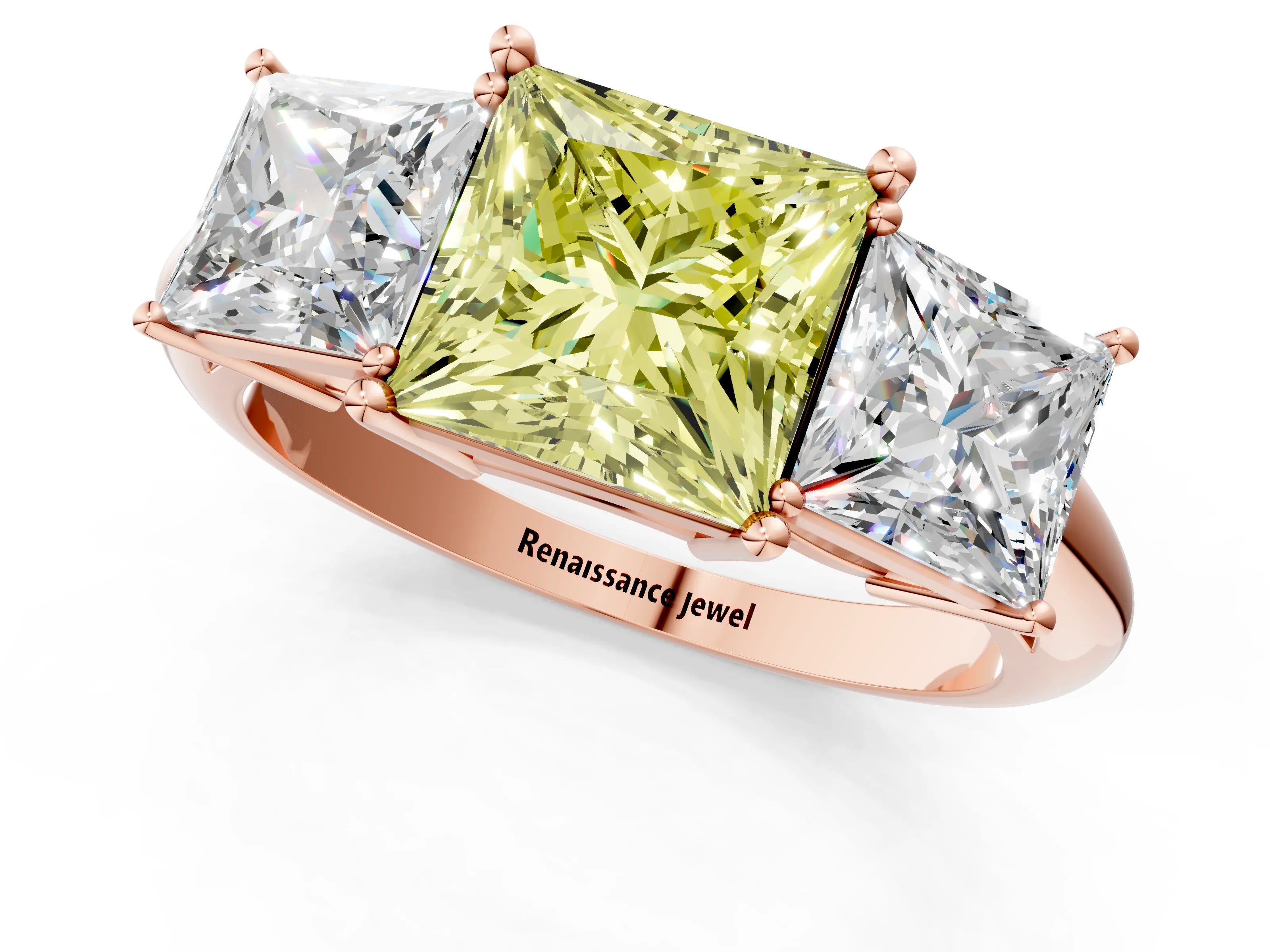 Rose gold Three-Stone Fancy Yellow Princess Cut Cut Diamond Engagement Ring with Prong Setting on a White Gold Band_1