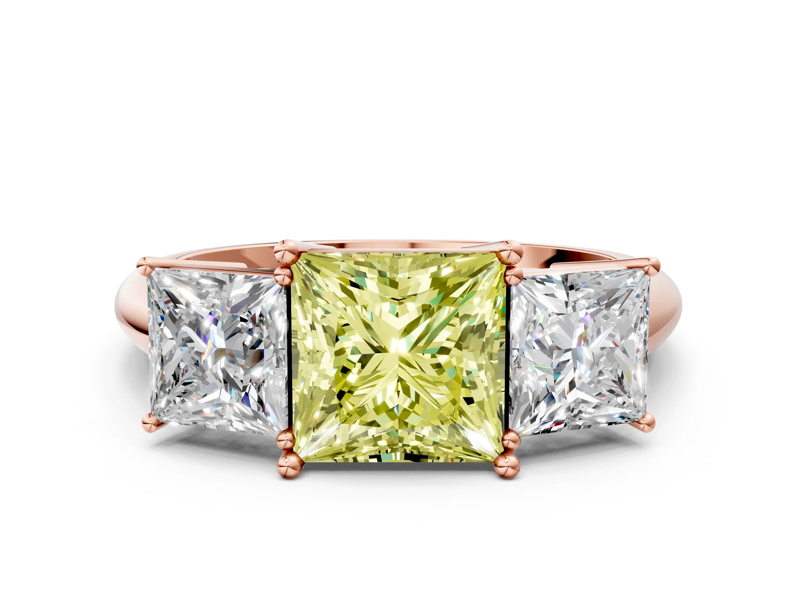 Rose gold Three-Stone Fancy Yellow Princess Cut Cut Diamond Engagement Ring with Prong Setting on a White Gold Band_24