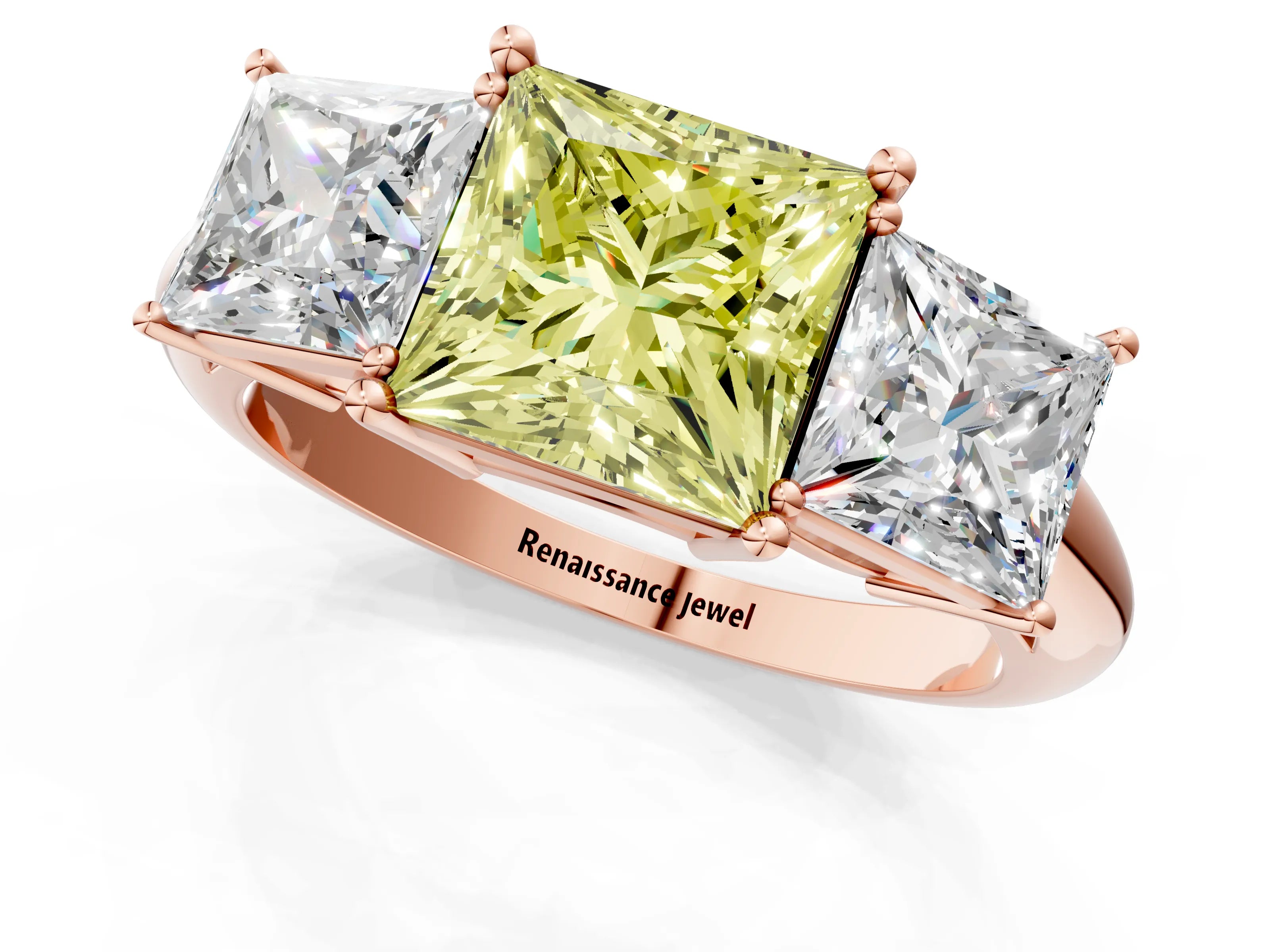 Rose gold Three-Stone Fancy Yellow Princess Cut Cut Diamond Engagement Ring with Prong Setting on a White Gold Band_25
