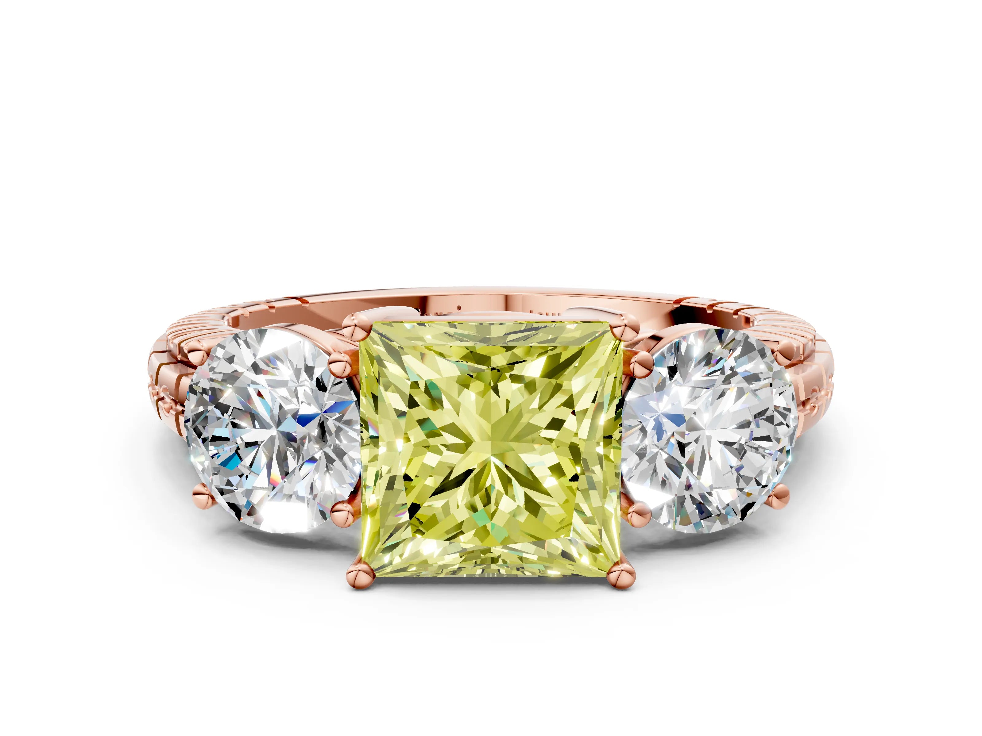 Rose gold Three-Stone Fancy Yellow Princess Cut Cut Diamond Ring with Channel-Set Band and Prong Setting