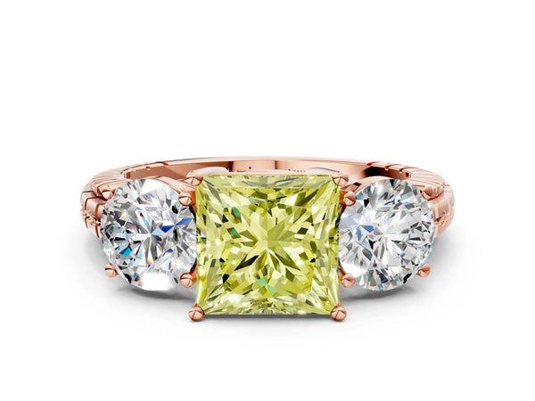 Rose gold Three-Stone Fancy Yellow Princess Cut Cut Diamond Ring with Channel-Set Band and Prong Setting