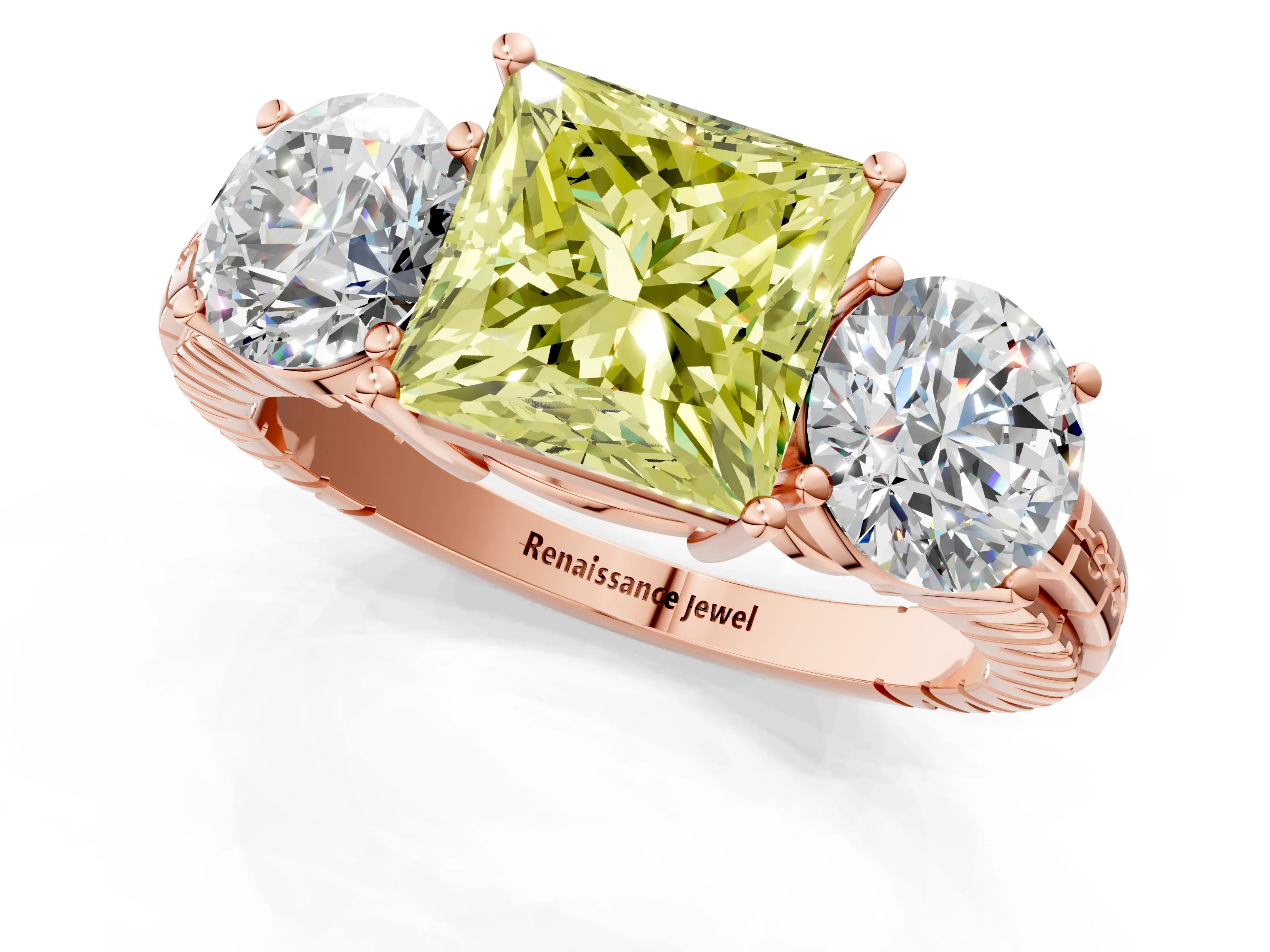 Rose gold Three-Stone Fancy Yellow Princess Cut Cut Diamond Ring with Channel-Set Band and Prong Setting_1