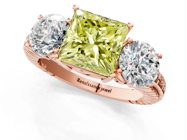 Rose gold Three-Stone Fancy Yellow Princess Cut Cut Diamond Ring with Channel-Set Band and Prong Setting