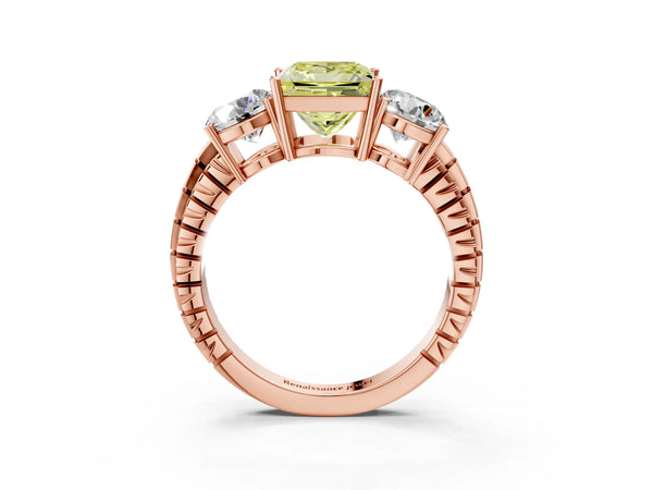 Rose gold Three-Stone Fancy Yellow Princess Cut Cut Diamond Ring with Channel-Set Band and Prong Setting