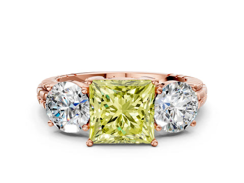 Rose gold Three-Stone Fancy Yellow Princess Cut Cut Diamond Ring with Channel-Set Band and Prong Setting