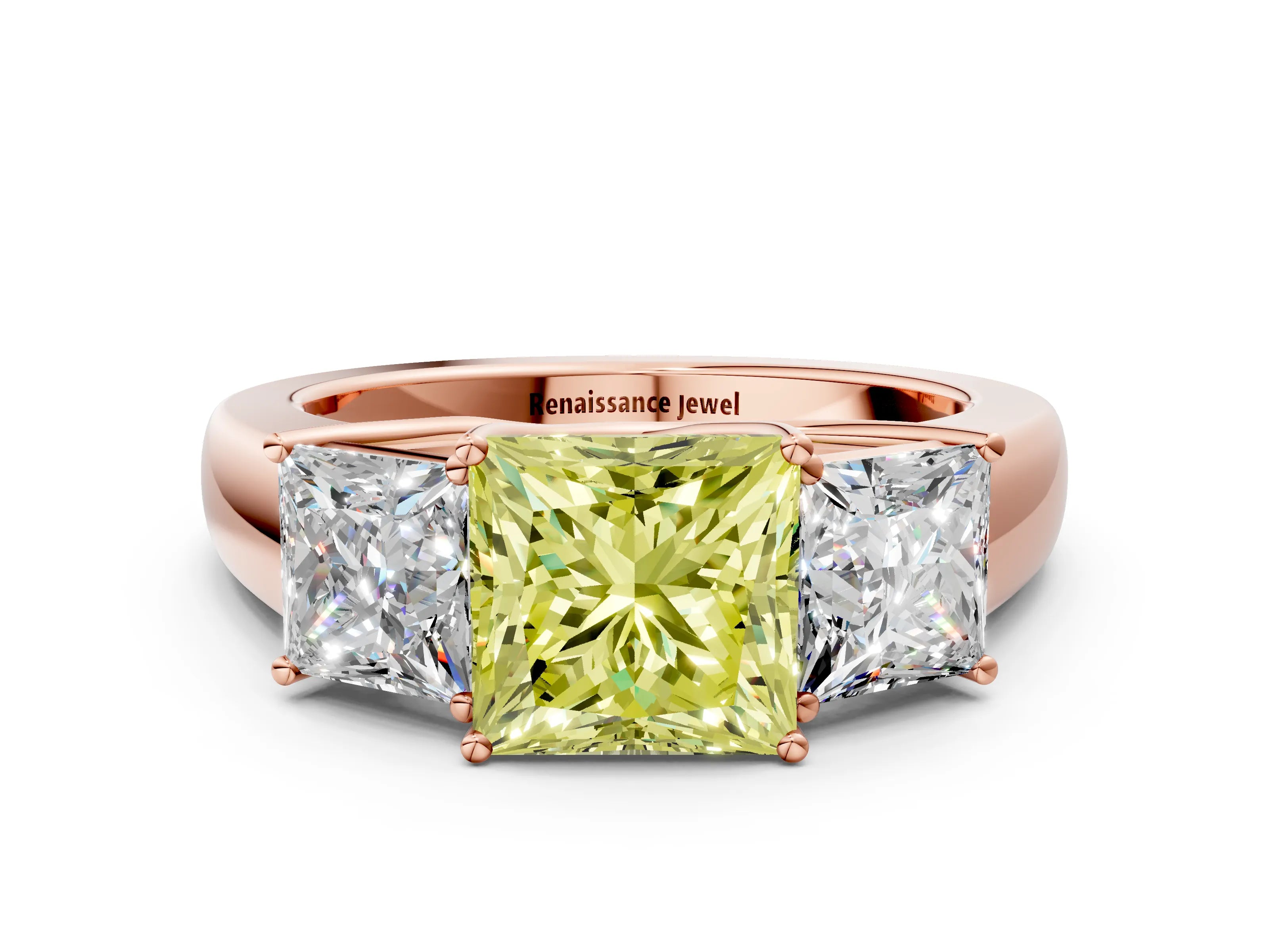 Rose gold Three-Stone Fancy Yellow Princess Cut Cut Diamond Ring with Prong Setting and Classic Band