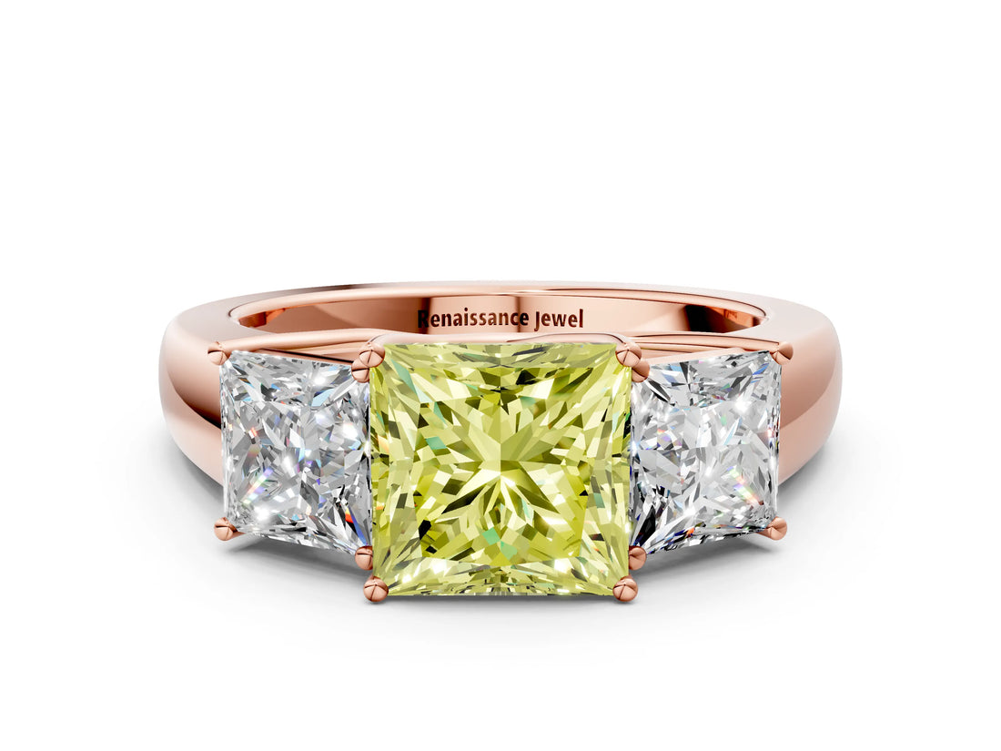 Rose gold Three-Stone Fancy Yellow Princess Cut Cut Diamond Ring with Prong Setting and Classic Band