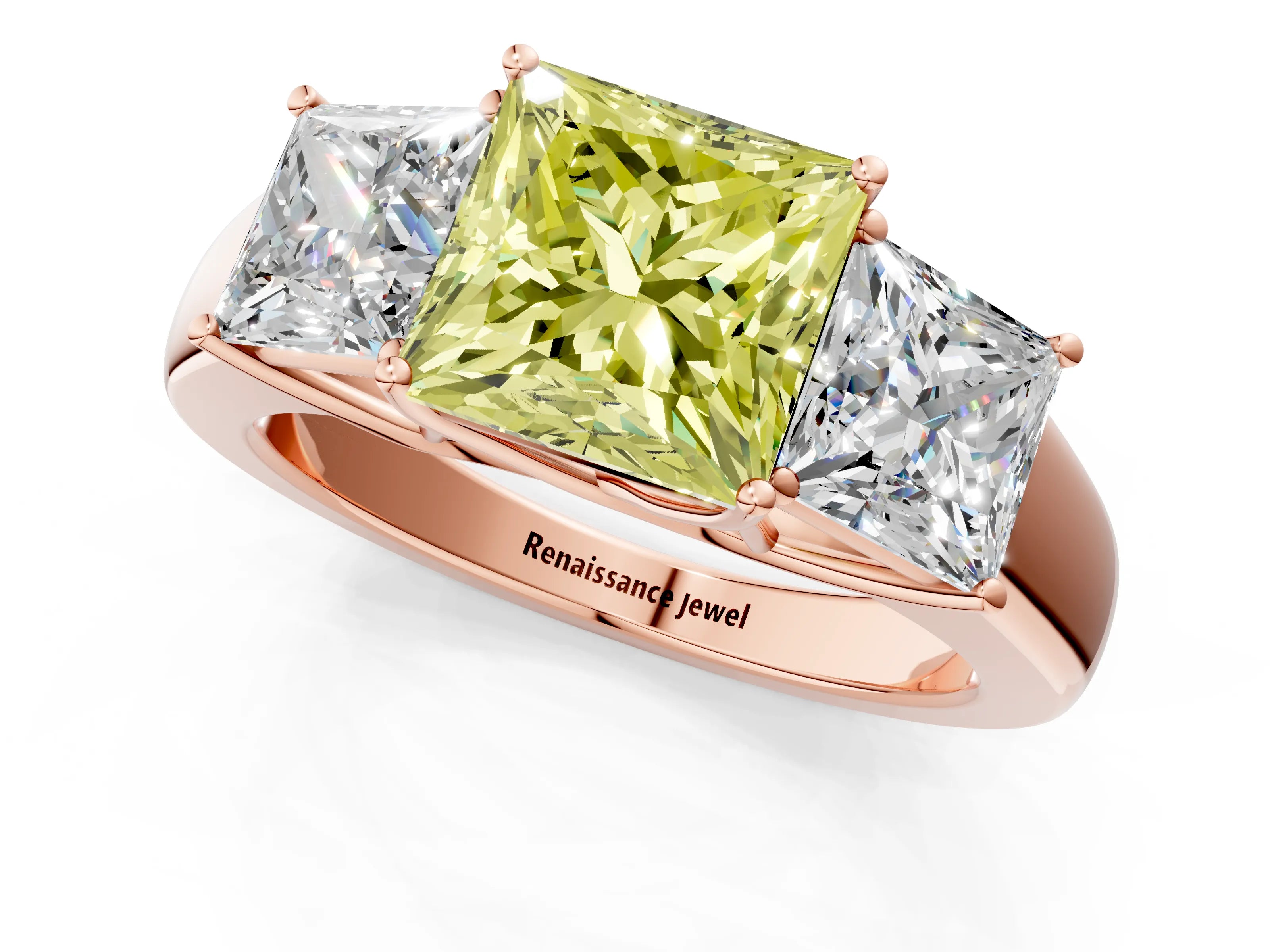 Rose gold Three-Stone Fancy Yellow Princess Cut Cut Diamond Ring with Prong Setting and Classic Band_1