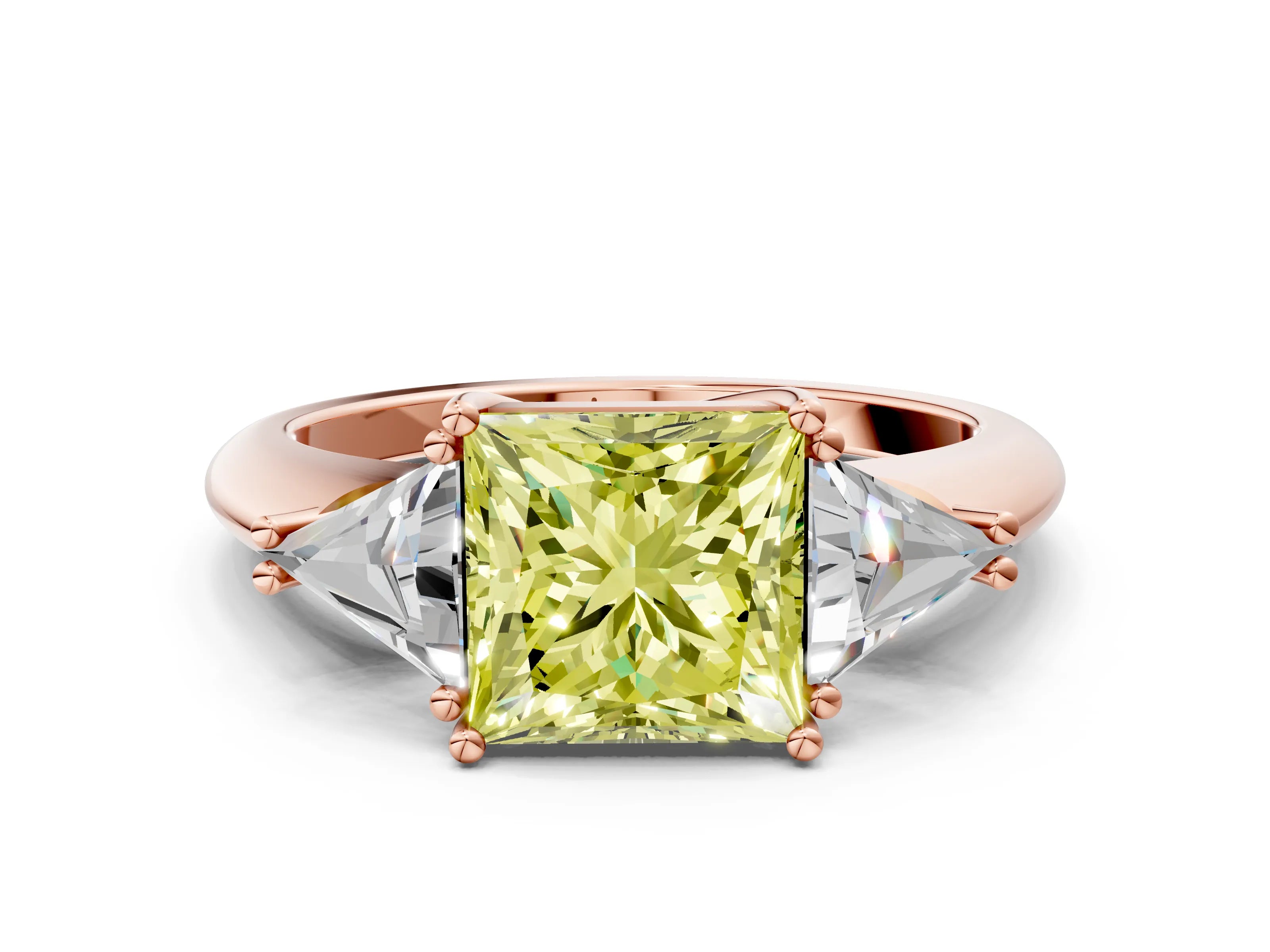 Rose gold Three-Stone Fancy Yellow Princess Cut Cut Diamond Ring with Trillion Side Stones and Four-Prong Setting_3