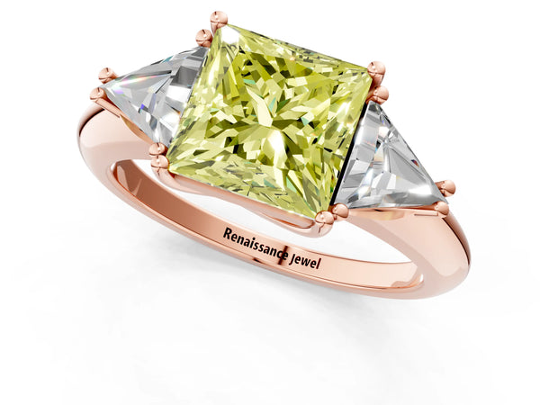 Rose gold Three-Stone Fancy Yellow Princess Cut Cut Diamond Ring with Trillion Side Stones and Four-Prong Setting