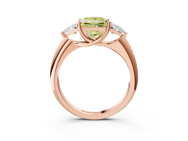 Rose gold Three-Stone Fancy Yellow Princess Cut Cut Diamond Ring with Trillion Side Stones and Four-Prong Setting