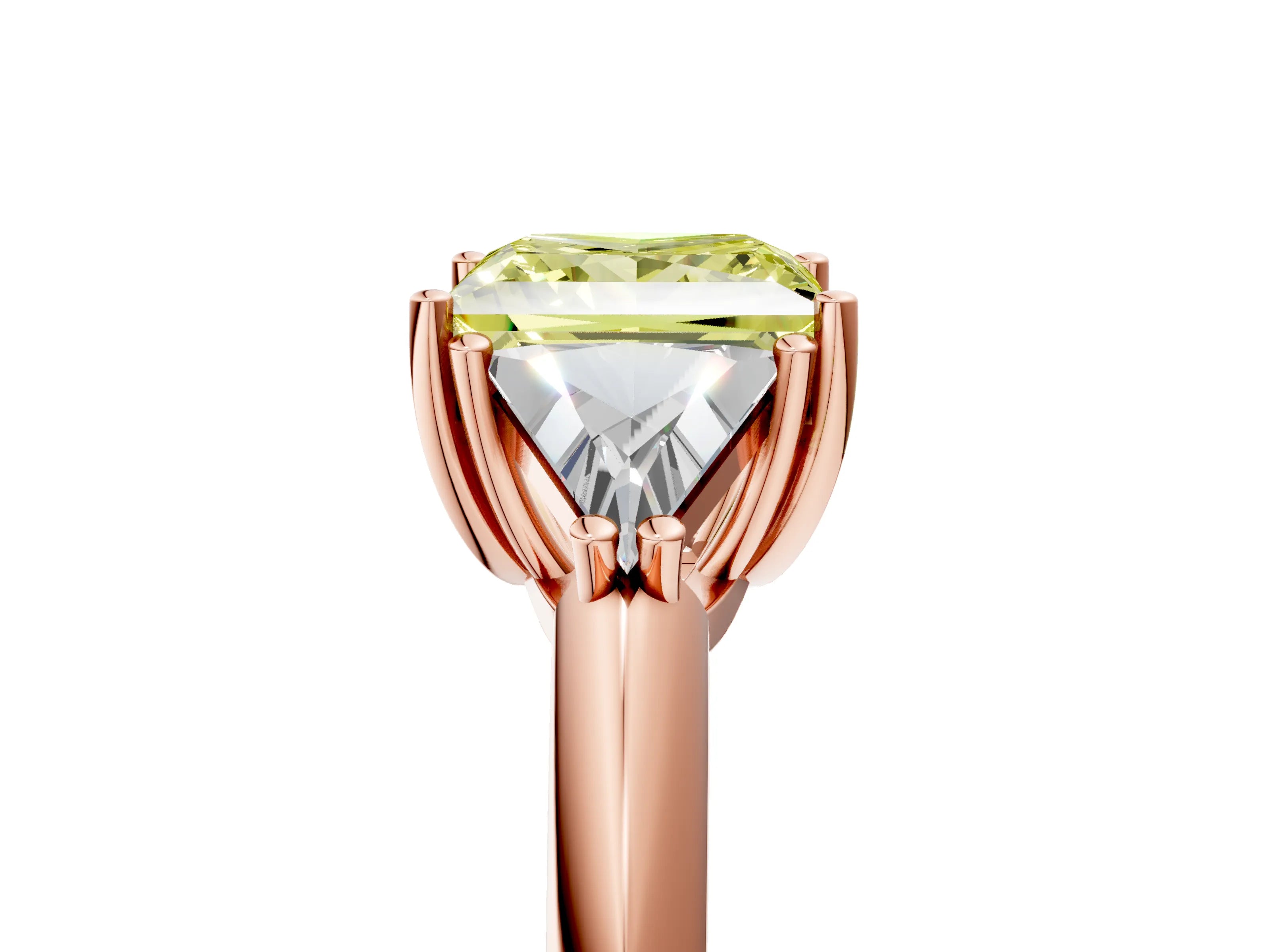 Rose gold Three-Stone Fancy Yellow Princess Cut Cut Diamond Ring with Trillion Side Stones and Four-Prong Setting_8