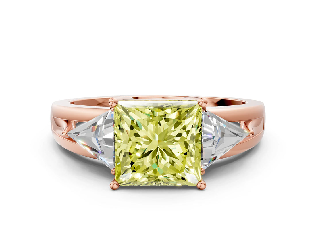 Rose gold Three-Stone Fancy Yellow Princess Cut Cut Diamond Ring with Trillion Side Stones on a Split Shank Band