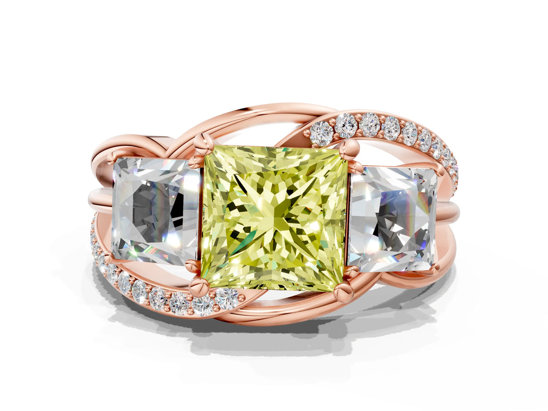 Rose gold Three-Stone Fancy Yellow Princess Cut Cut Diamond Split Shank Prong Set Ring