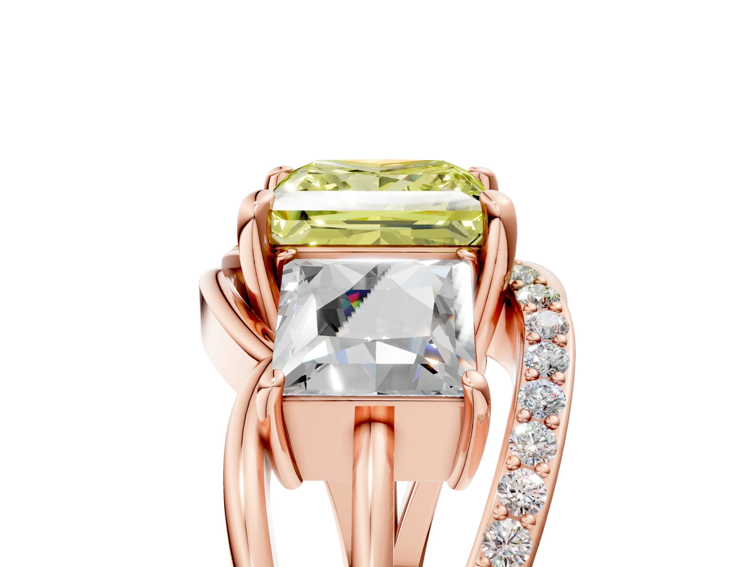 Rose gold Three-Stone Fancy Yellow Princess Cut Cut Diamond Split Shank Prong Set Ring_17