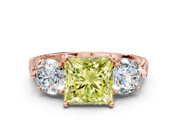 Rose Gold Princess Cut Vintage Three Stone Engagement Ring Setting for Fancy Yellow Center