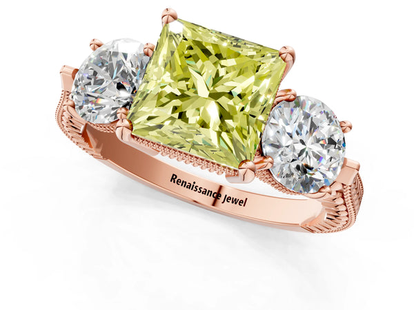 Rose Gold Princess Cut Vintage Three Stone Engagement Ring Setting for Fancy Yellow Center