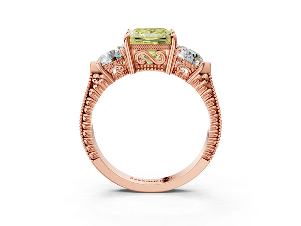 Rose Gold Princess Cut Vintage Three Stone Engagement Ring Setting for Fancy Yellow Center