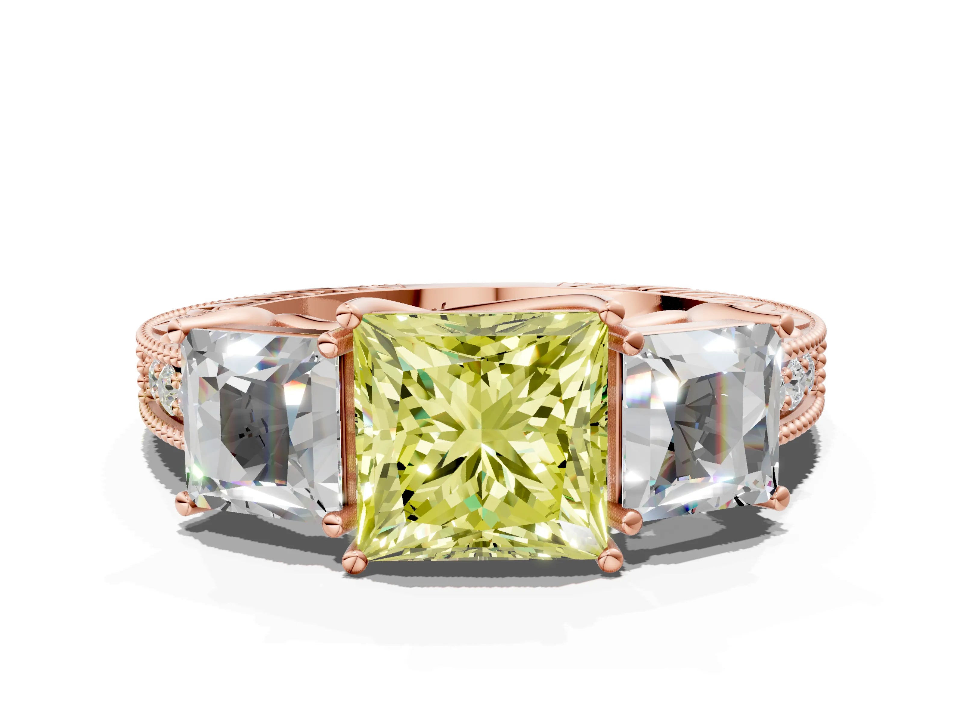 Rose gold Three-Stone Fancy Yellow Princess Cut Cut Milgrain Pavé Engagement Ring