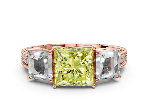 Rose gold Three-Stone Fancy Yellow Princess Cut Cut Milgrain Pavé Engagement Ring_12