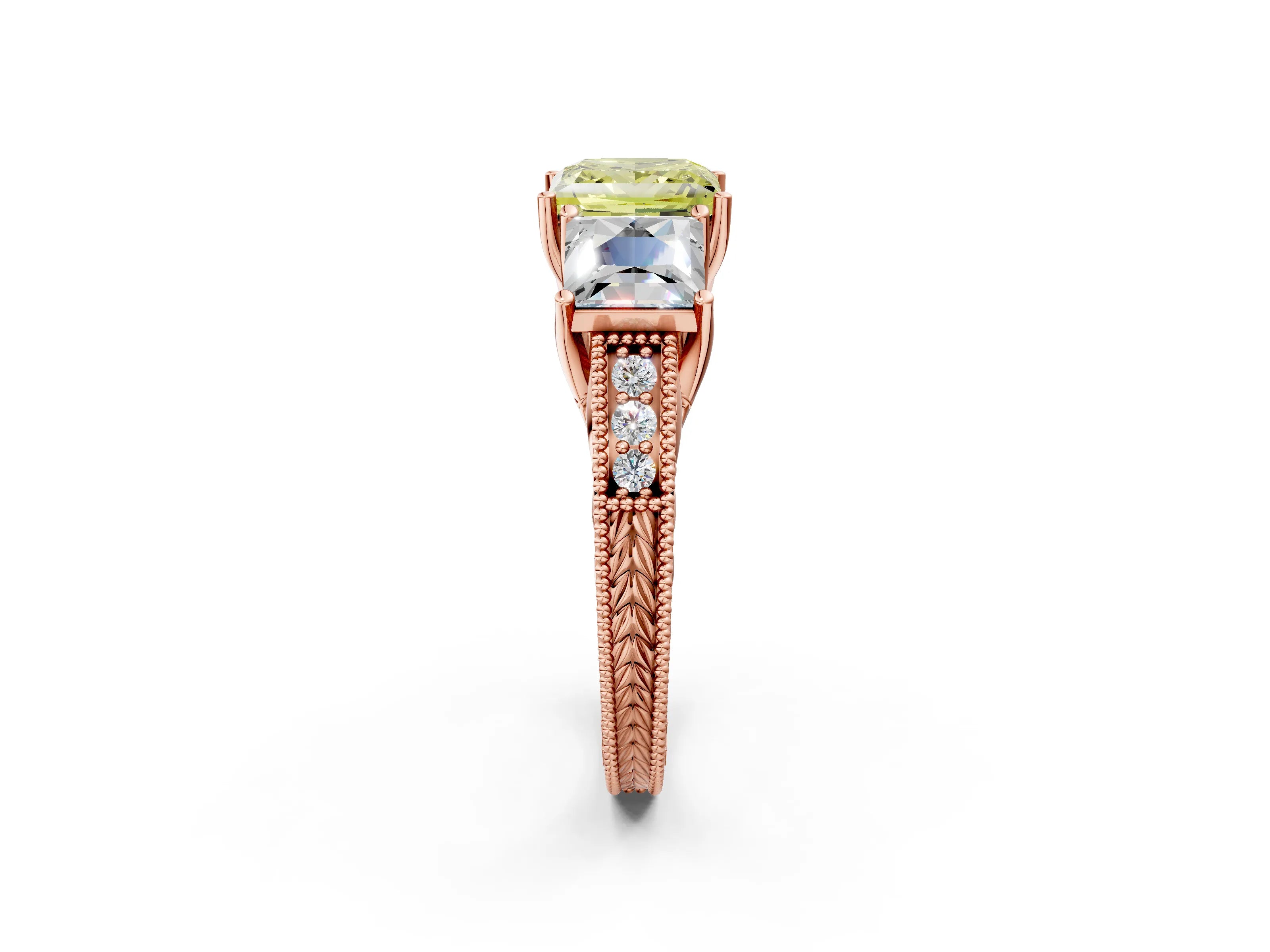 Rose gold Three-Stone Fancy Yellow Princess Cut Cut Milgrain Pavé Engagement Ring_14