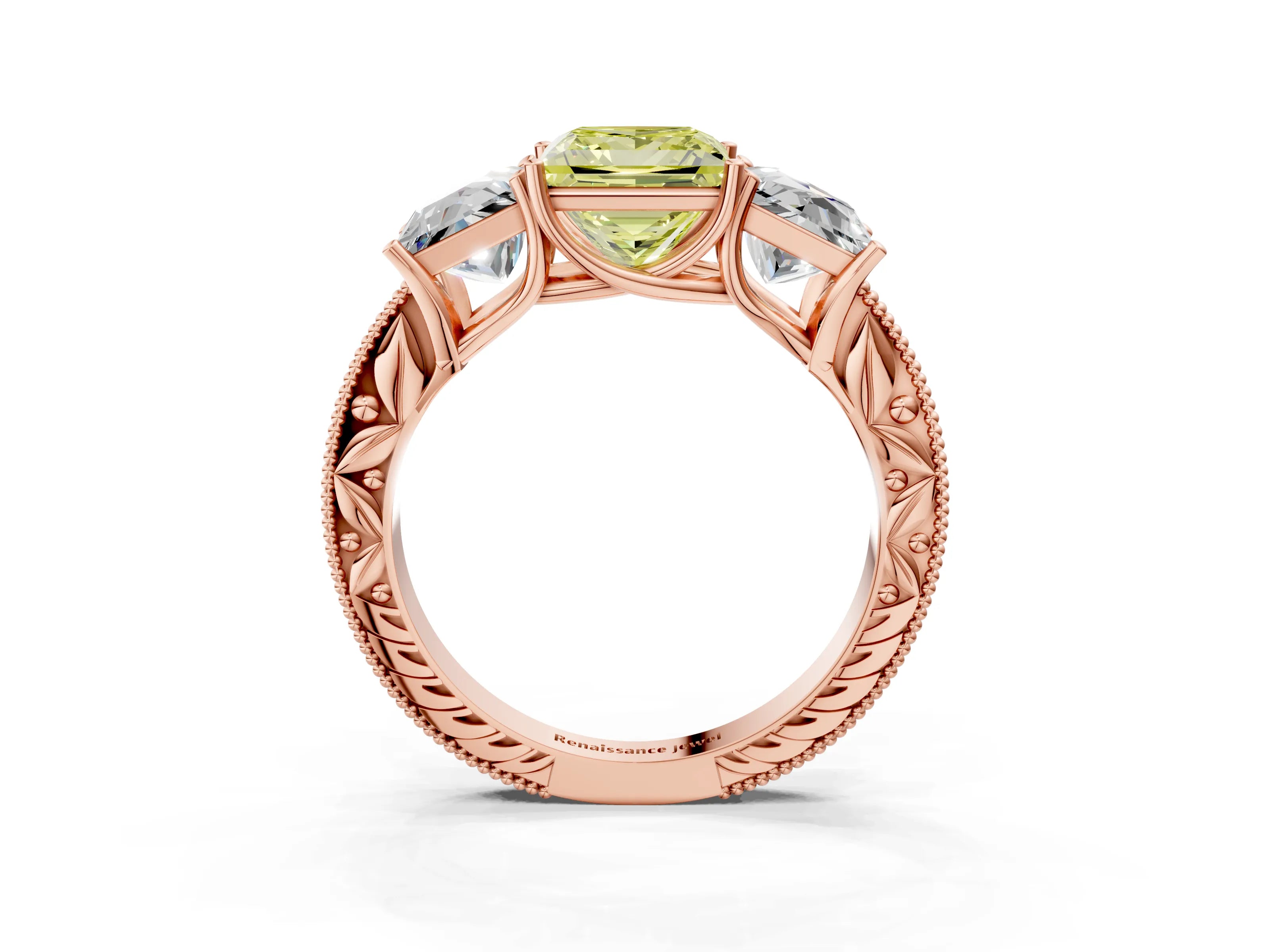 Rose gold Three-Stone Fancy Yellow Princess Cut Cut Milgrain Pavé Engagement Ring_15