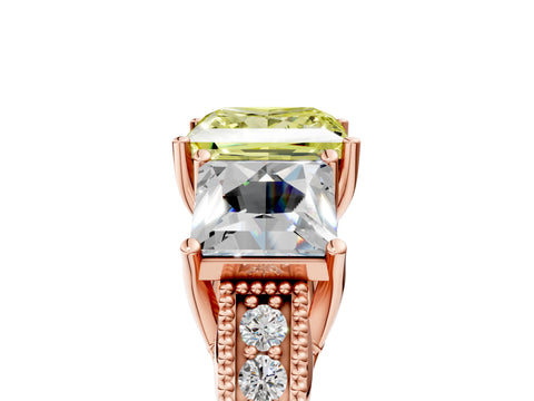 Rose gold Three-Stone Fancy Yellow Princess Cut Cut Milgrain Pavé Engagement Ring_17