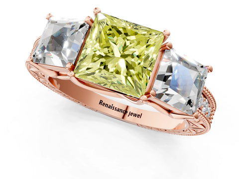 Rose gold Three-Stone Fancy Yellow Princess Cut Cut Milgrain Pavé Engagement Ring_1