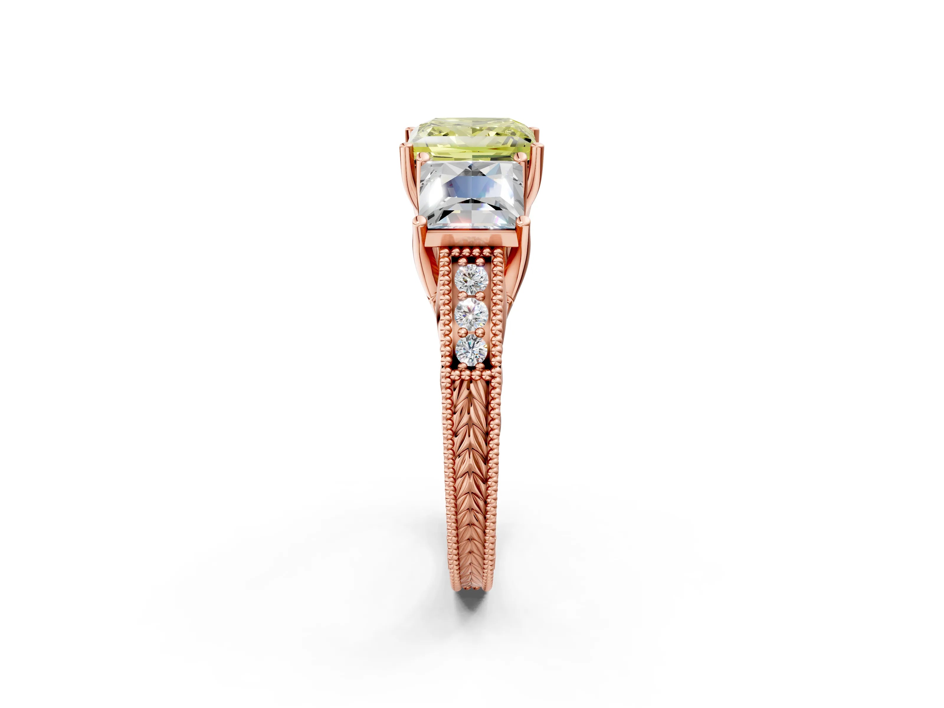 Rose gold Three-Stone Fancy Yellow Princess Cut Cut Milgrain Pavé Engagement Ring_2