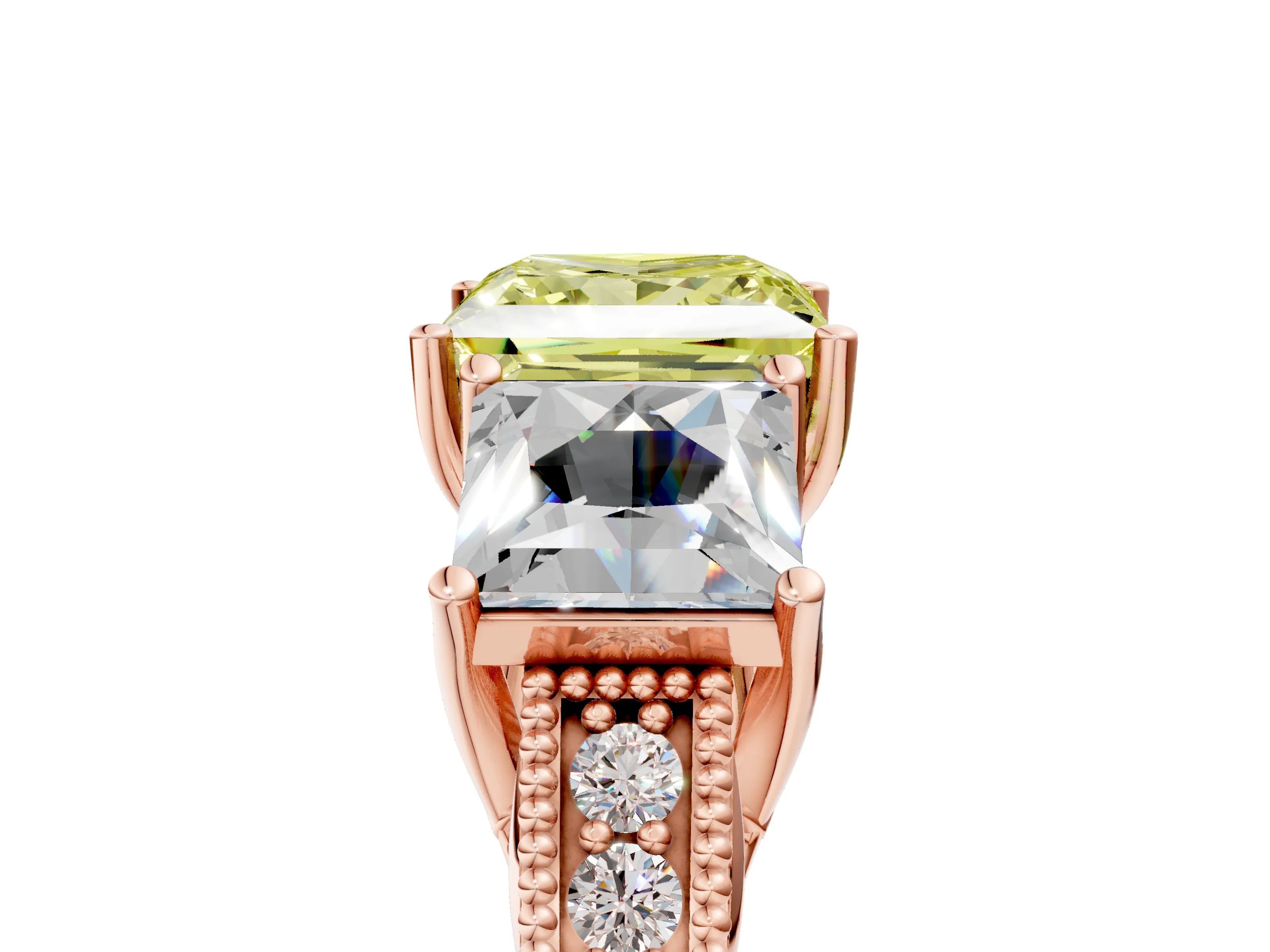 Rose gold Three-Stone Fancy Yellow Princess Cut Cut Milgrain Pavé Engagement Ring_5