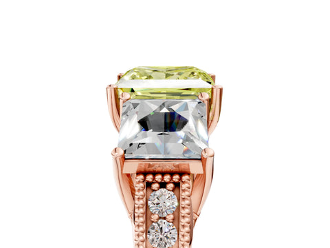 Rose gold Three-Stone Fancy Yellow Princess Cut Cut Milgrain Pavé Engagement Ring_5