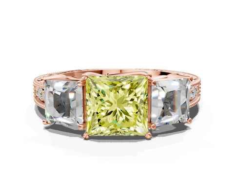 Rose gold Three-Stone Fancy Yellow Princess Cut Cut Milgrain Pavé Engagement Ring