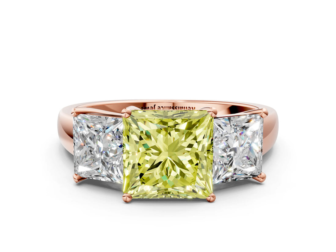 Rose gold Three-Stone Fancy Yellow Princess Cut Cut Solitaire Ring with Classic Prong Setting