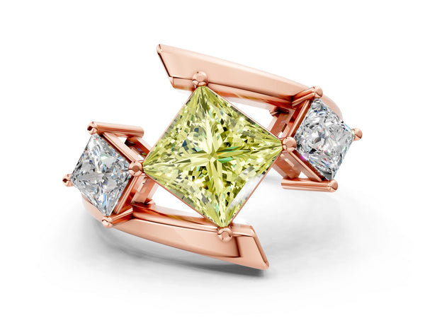Rose gold Three-Stone Fancy Yellow Princess Cut Cut Tension Band Ring with Four-Prong Setting