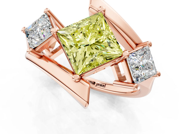 Rose gold Three-Stone Fancy Yellow Princess Cut Cut Tension Band Ring with Four-Prong Setting