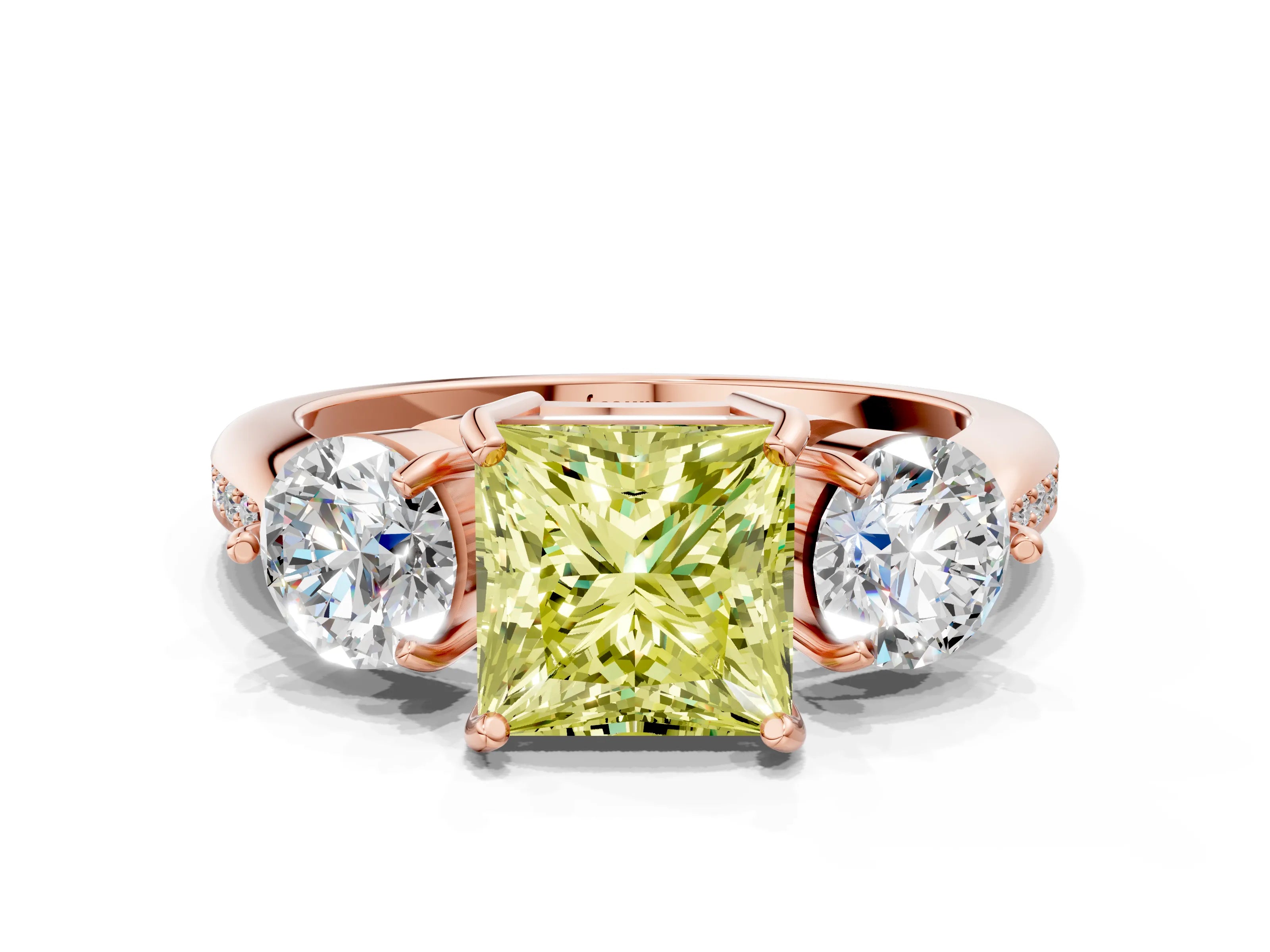 Rose gold Three-Stone Fancy Yellow Princess Cut Diamond Channel Set Engagement Ring with Prong Setting