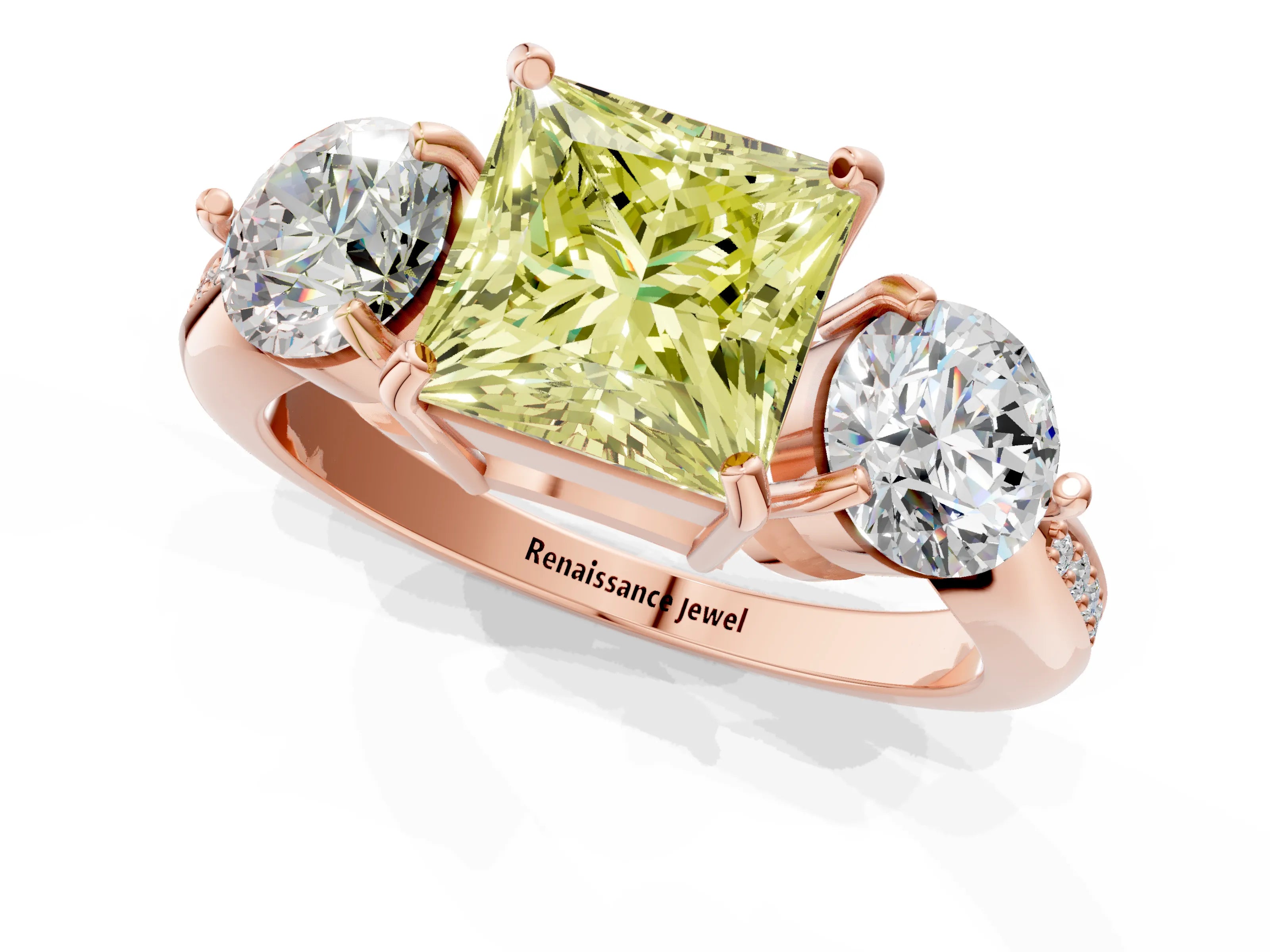 Rose gold Three-Stone Fancy Yellow Princess Cut Diamond Channel Set Engagement Ring with Prong Setting_1