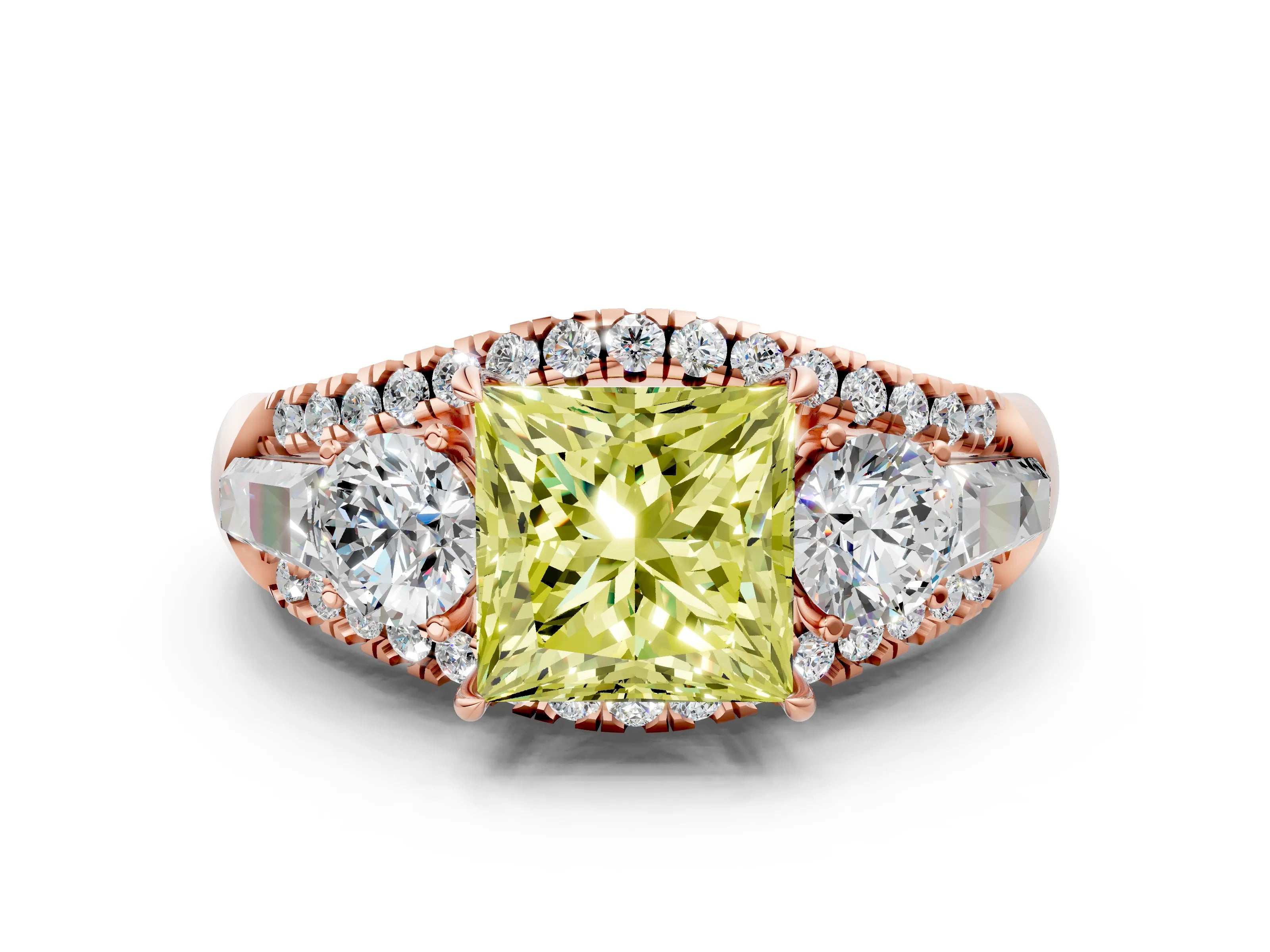 Rose gold Three-Stone Fancy Yellow Princess Cut Diamond Engagement Ring with Pave Band and Prong Setting