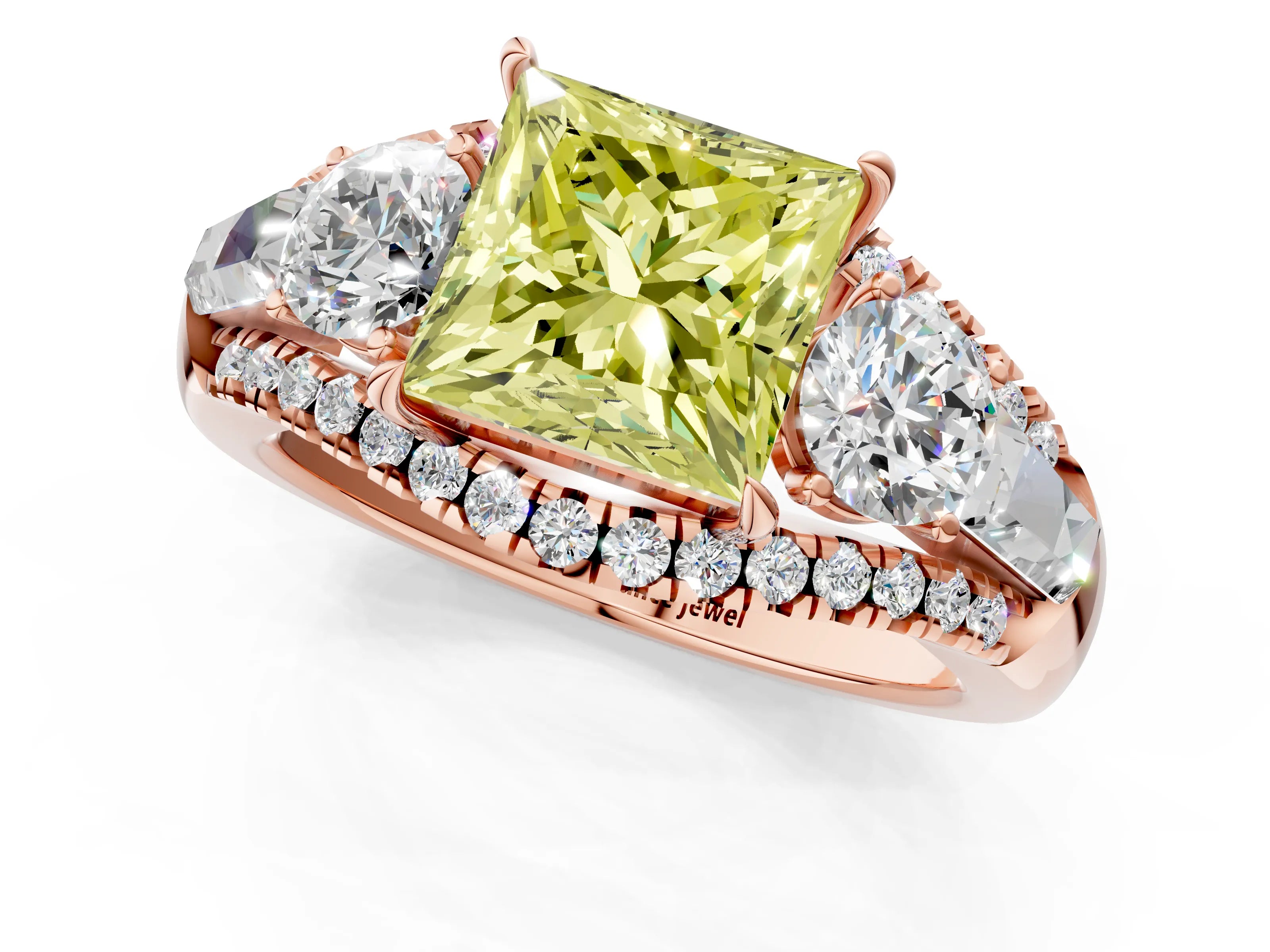 Rose gold Three-Stone Fancy Yellow Princess Cut Diamond Engagement Ring with Pave Band and Prong Setting_1