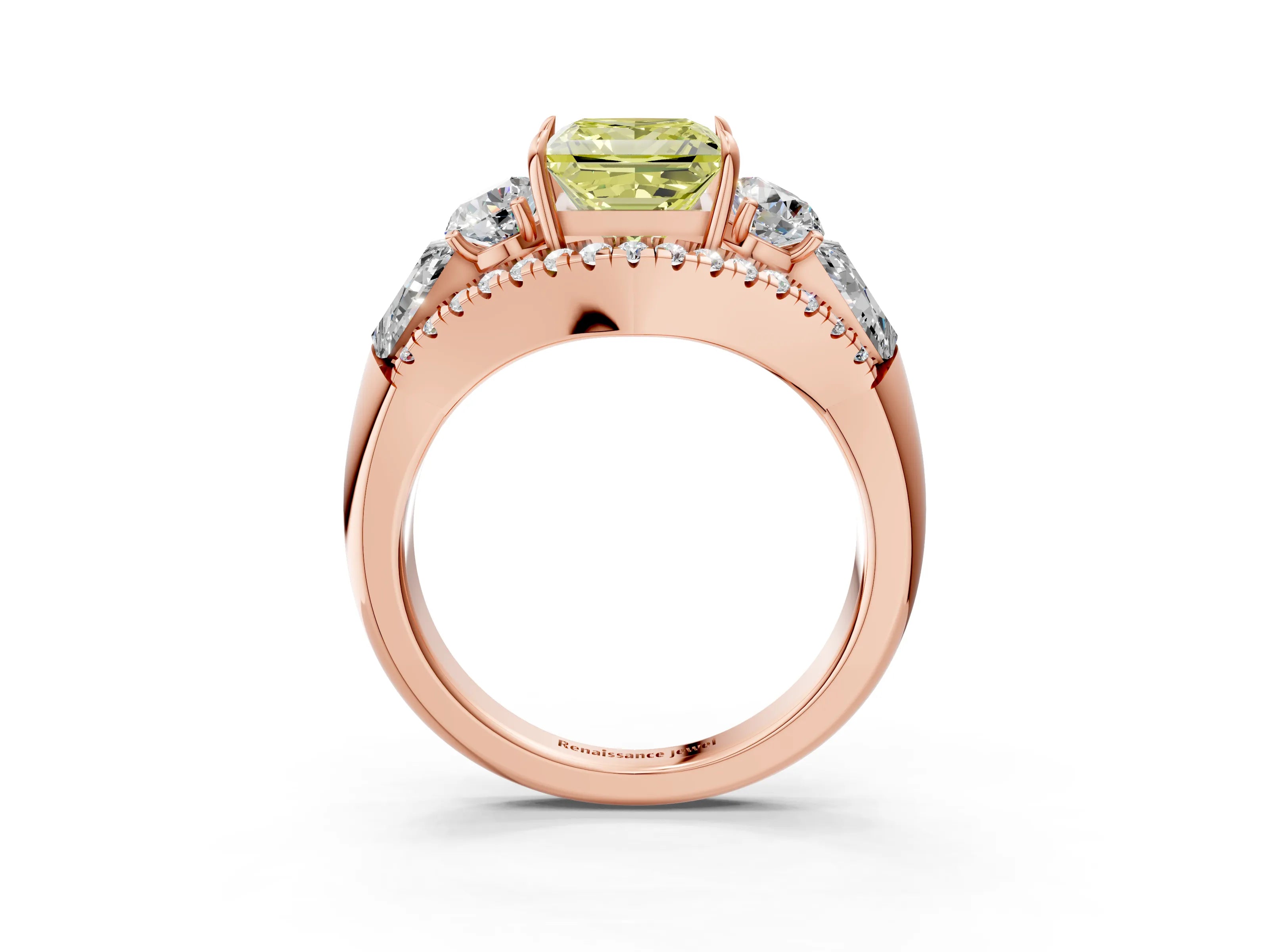 Rose gold Three-Stone Fancy Yellow Princess Cut Diamond Engagement Ring with Pave Band and Prong Setting_3