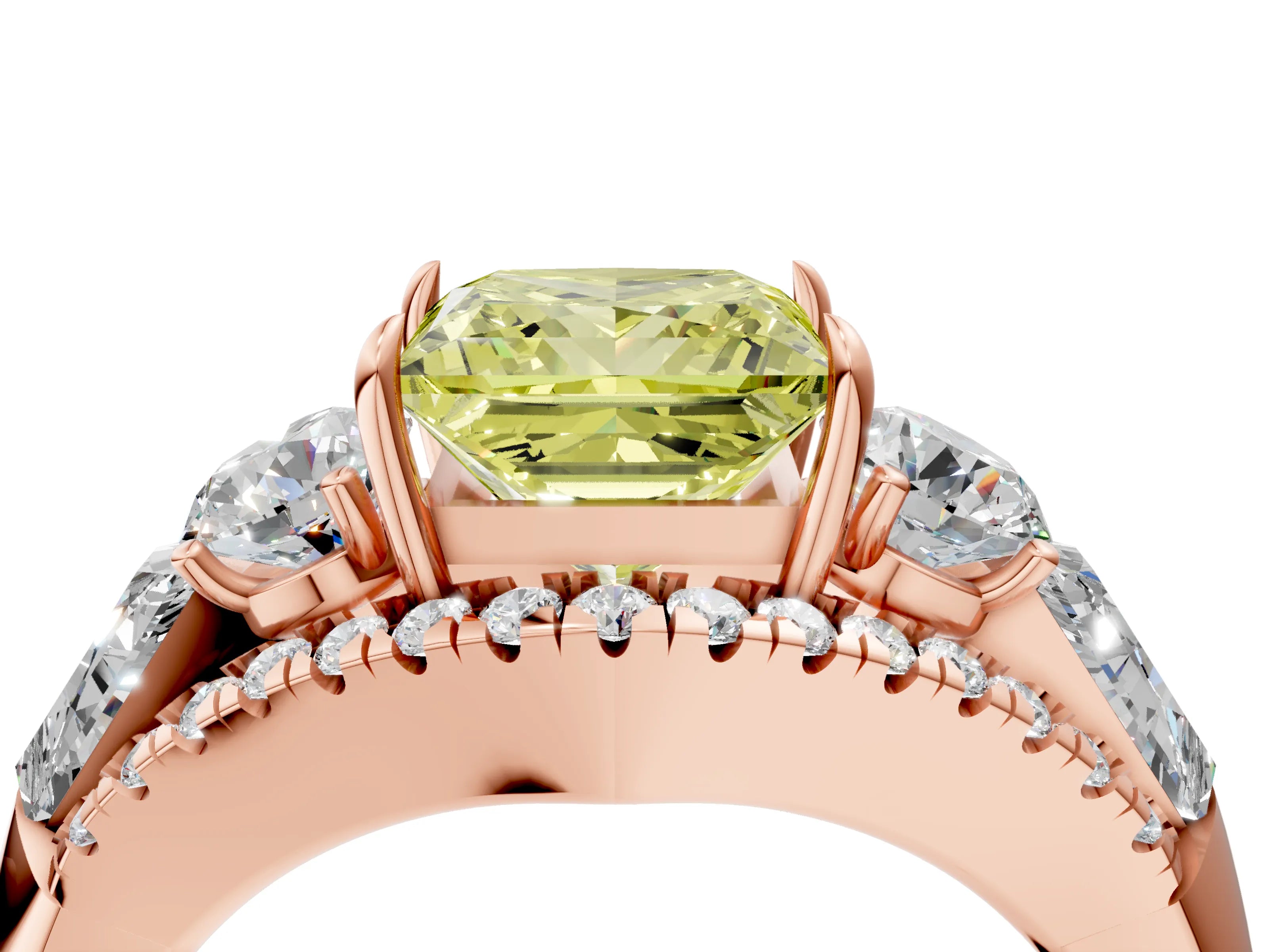 Rose gold Three-Stone Fancy Yellow Princess Cut Diamond Engagement Ring with Pave Band and Prong Setting_4