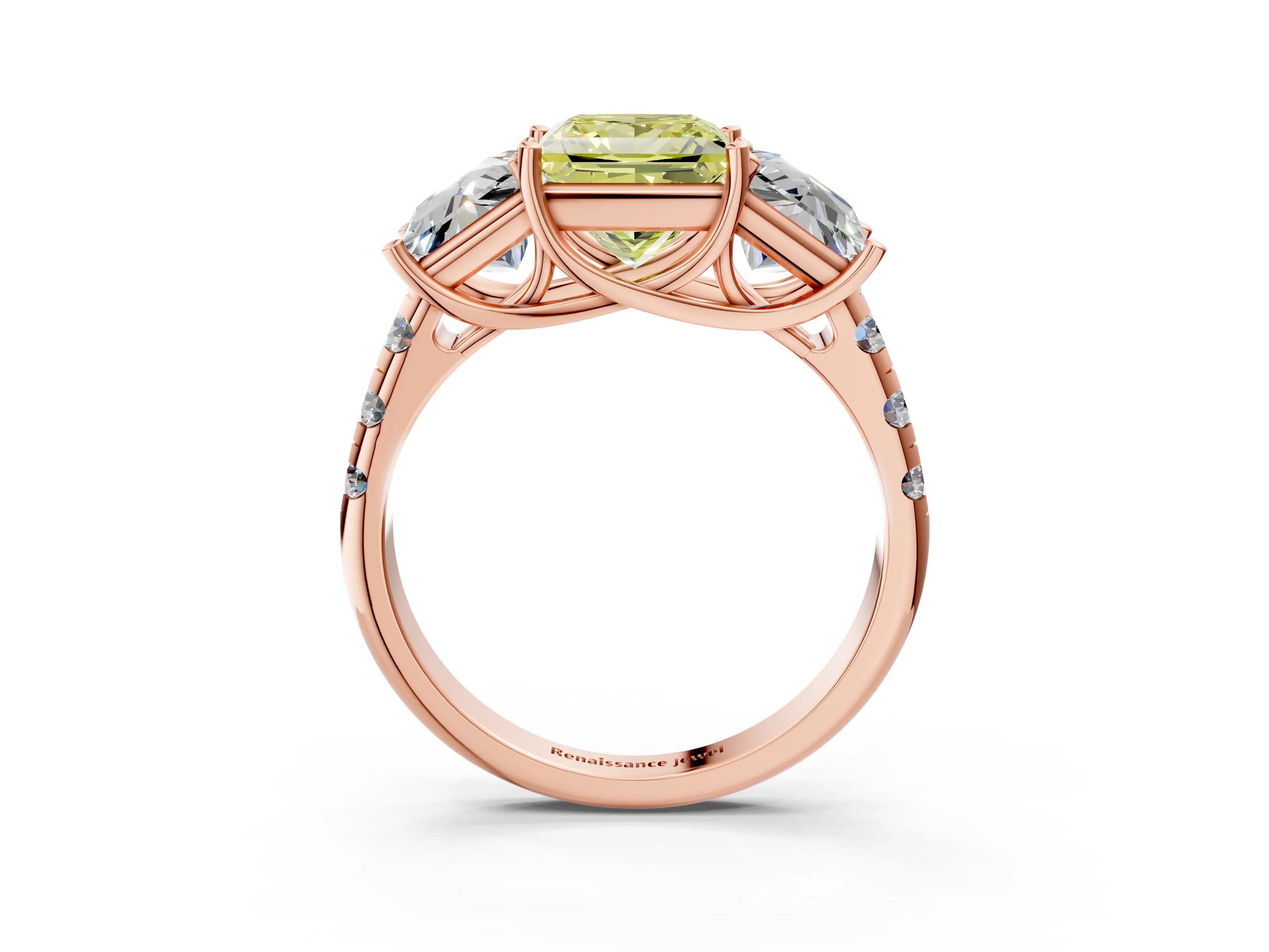 Rose gold Three-Stone Fancy Yellow Princess Cut Diamond Pavé Band with Prong Setting_3