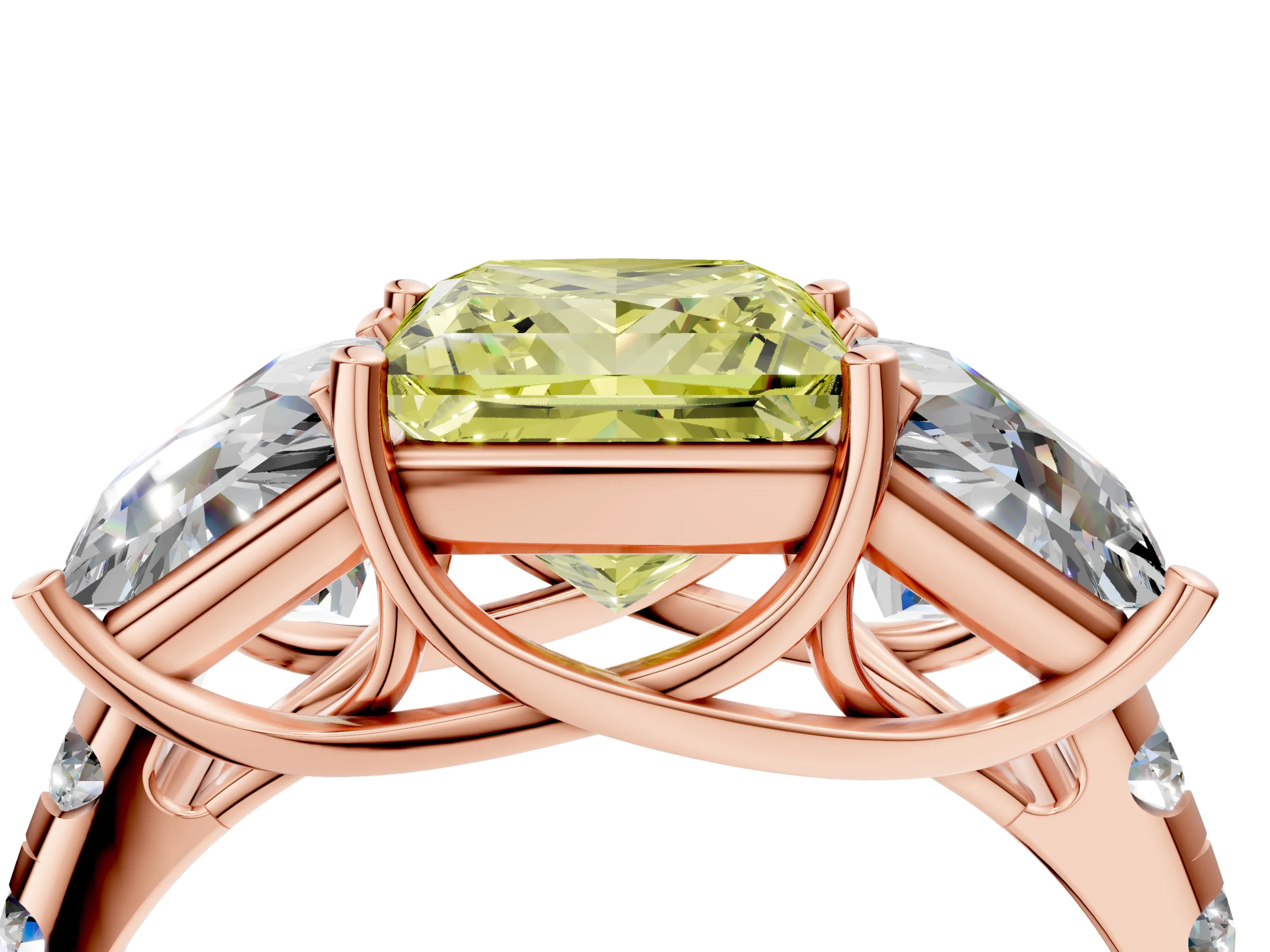 Rose gold Three-Stone Fancy Yellow Princess Cut Diamond Pavé Band with Prong Setting_4