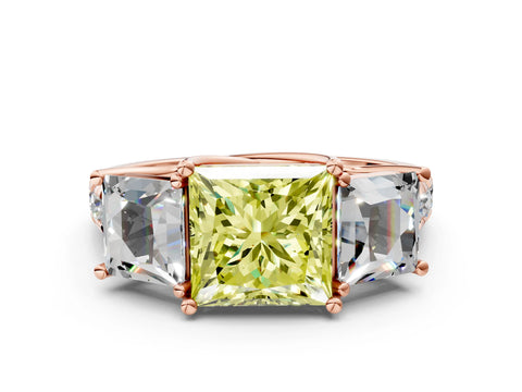 Rose gold Three-Stone Fancy Yellow Princess Cut Diamond Pavé Band with Prong Setting