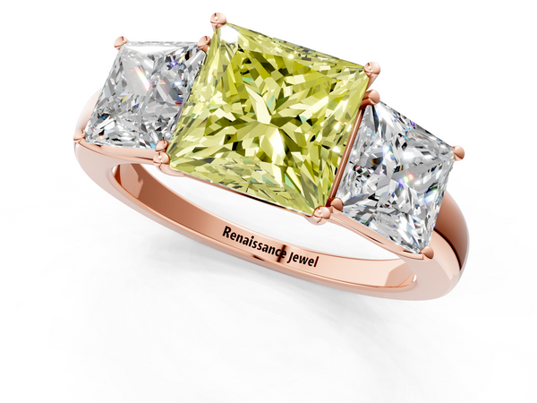 Rose gold Fancy Yellow Princess Cut Diamond Three-Stone Ring with Four-Prong Setting and Classic Band