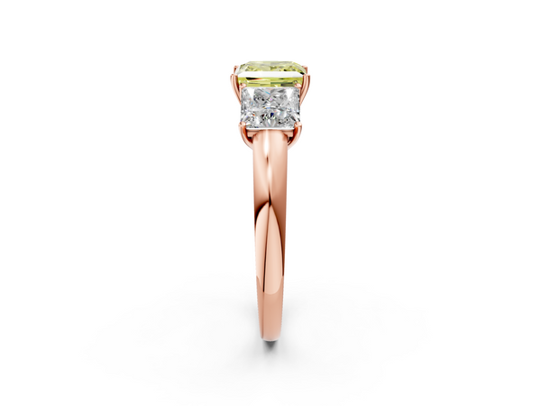 Rose gold Fancy Yellow Princess Cut Diamond Three-Stone Ring with Four-Prong Setting and Classic Band