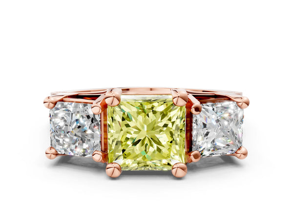 Rose gold Fancy Yellow Princess Cut Diamond Three-Stone Ring with Channel Set Band and Four-Prong Setting